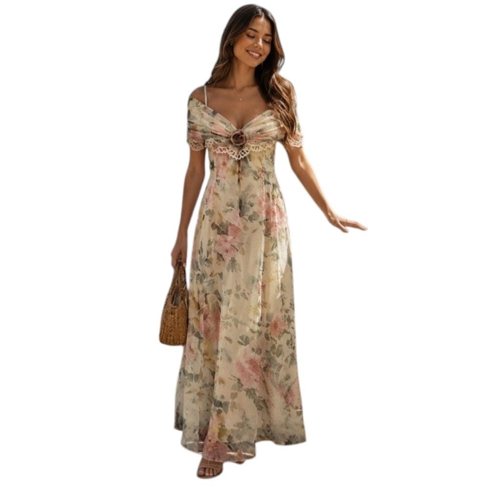 90's Scott McClintock Women's Watercolor Floral Chiffon Dress Pink Cream Lace 12